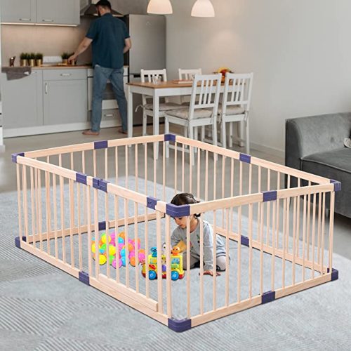Kids Play Fence with Door,Wood Playpen Baby Safety Play Center Yard, Safe Play Area Indoor Kids Safety Activity Center Playard w/Locking Gate , Without Mat - 47.24x63 Inch (Pack of 1)