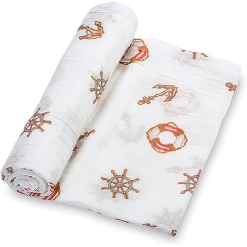 LollyBanks Muslin Swaddle Blanket, 100% Muslin Cotton Neutral Baby Blanket for Girls and Boys, 47 X 47 Inches Soft and Cozy Newborn Swaddle Lightweight, Baby Essential, Registry (Boat Anchor Print)