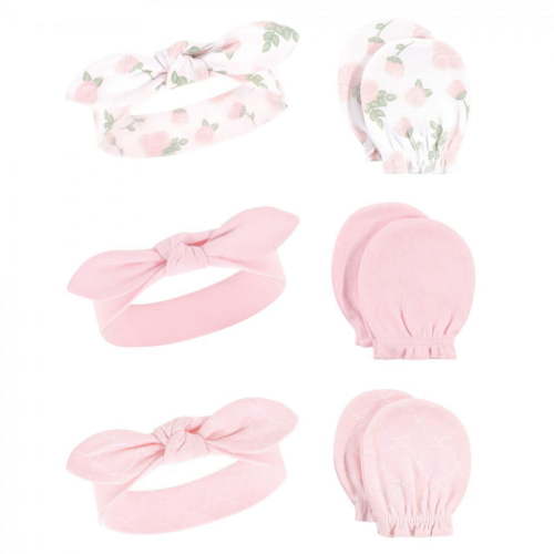 Hudson Baby Infant Girl Cotton Headband and Scratch Mitten 6pc Set, Roses, 0-6 Months