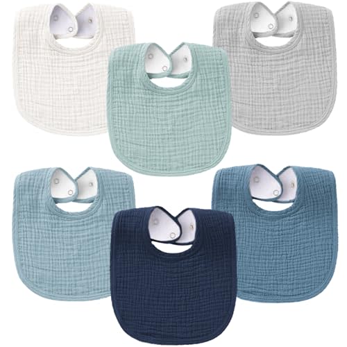 Konssy 6-Pack Muslin Baby Bibs for Boys & Girls, Soft Cotton Absorbent Drool Bibs, Bandana Bibs for Drooling & Teething