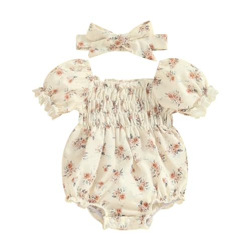 Newborn Baby Girl Romper Floral Ruffle Sleeveless Jumpsuit Cotton Bodysuit with Headband Summer Clothes Outfit