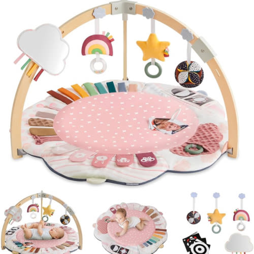 Blissful Diary Baby Play Gym & Activity Mat, 5 Developmental Zones Wooden Tummy Time Mat with 5 Detachable Sensory Toys for Motor Skills & Sensory Development, Baby Essentials Shower Gift, Pink Flower