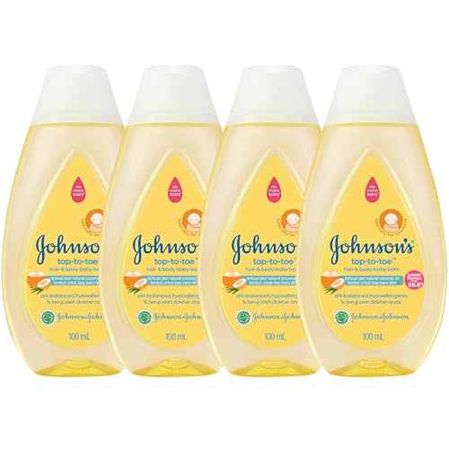Johnson's Top-to-Toe Baby Wash and Shampoo, 4 Pack 3.38 oz. Travel Size Bottles, Natural Coconut Oil Gentle Hair and Body Baby Bath with Tear-Free Formula, Free of Parabens, Sulfates and Dyes