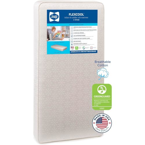 Sealy Flex Cool Breathable Hypoallergenic 2-Stage Dual Firm Waterproof Baby Crib Mattress & Toddler Bed Mattress, Cotton Cover, 204 Premium Coils, Air Quality Certified, Made in USA, 52"x28"