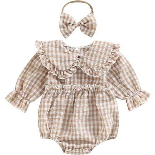 Karuedoo Newborn Baby Girl Clothes Gingham Plaid Bubble Romper Long Sleeve Ruffle Bodysuit with Headband Spring Fall Outfit