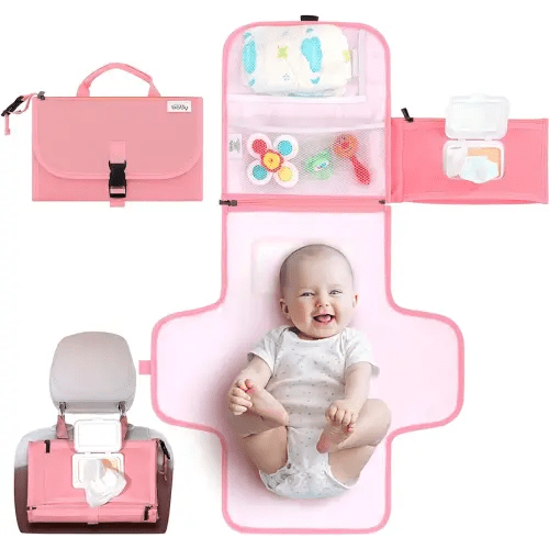Kopi Baby Portable Diaper Changing Pad - Baby Diaper Changer Travel Bag with Wipes Pocket, Smart Design Portable Changing Mat, Infant Travel Station Kit, Gift for Newborn Girl & Boy - Pink, Classic