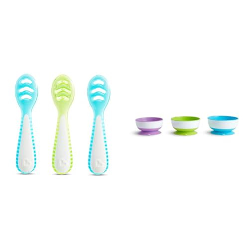Munchkin® Gentle Dip™ Multistage First Spoon Set for Baby Led Weaning, Self Feeding, Solids & Purees, 3 Pack, Blue/Green & Stay Put™ Suction Bowls for Babies and Toddlers, 3 Pack, Blue/Green/Purple