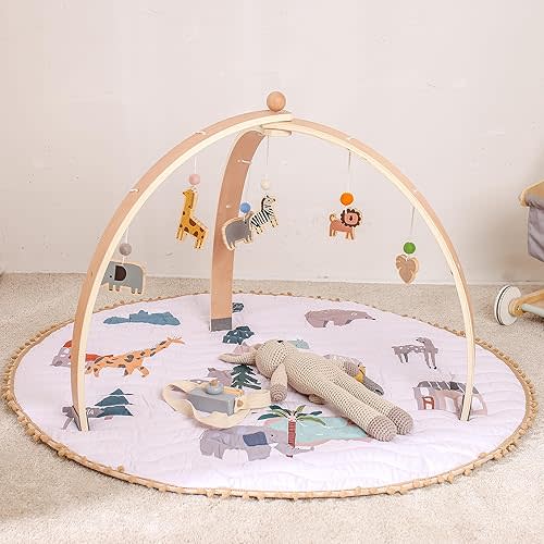 Wooden Baby Gym Foldable Baby Play Gym Frame Activity Center Hanging Bar with Cute Animals Toys for Sensory Exploration and Motor Skill Development, Newborn Gift for Girls Boys(Without Play Mat)