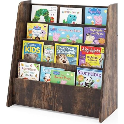 HONEY JOY Kids Bookshelf, 5-Tier Wooden Toddler Bookcase, Children Book Rack & Magazine Display Shelf, Toy Storage Organizer, Book Shelf for Kids Rooms, Playroom, Nursery, Classroom (Brown, 4 Tier)