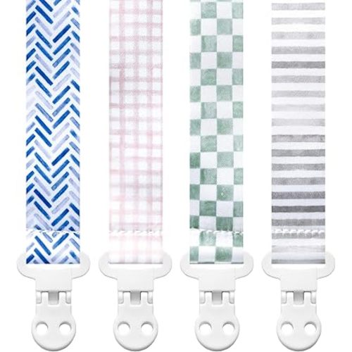 Baby Pacifier Clip Holder - Girl or Boy Unisex 4 Pack Gift Set – Neutral Modern Checker Stripes Gingham Plaid Herringbone Chevron Blue Green Gray Beige