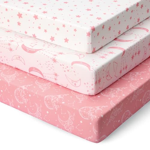 Unnivoll Pack and Play Sheets Fitted 3 Pack, Mini Crib Sheets for Pack N Play Mattress Stretchy Portable Playard Sheets, Soft Breathable Pink White Moon