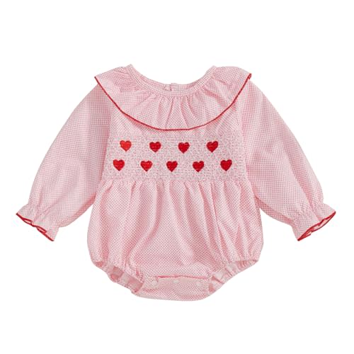 mlpeerw My First Valentines Baby Girl Outfit Newborn Heart Smocked Bubble Romper Bodysuit Cute Valentines Spring Clothes