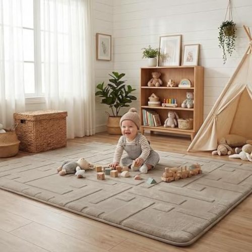 Baby Play Mat for Floor, 1.3" Thick 59x79 Plush Soft Foam Mats for Toddler Kids Crawling, Non-Slip Easy Care Nursery Rug for Playroom Living Room (Brown)