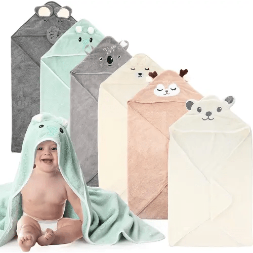 6 Pack Baby Bath Towels Set 31.5 x 31.5 Inch Baby Hooded Towel Coral Fleece Soft Absorbent Toddler Hooded Bath Blanket for Newborn Boy Girl Shower Kids Infant Gift Supplies, 6 Styles