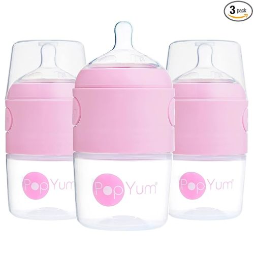 PopYum 5 oz Pink Anti-Colic Formula Making/Mixing/Dispenser Baby Bottles, 3-Pack with #1 Slow Flow Nipples, 150 ml, BPA-Free, Natural Latch