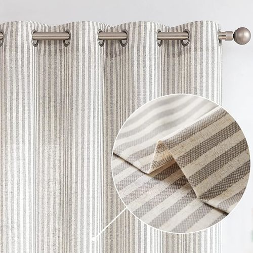 Vangao Linen Stripe Curtains Tickingstripe Light Filtering Window Curtains Grey Pinstripe Printed on Beige Drapes 84 Inches Long for Living Room Bedroom Grommet Top 2 Panels - W50 x L84 - Grey on Beige