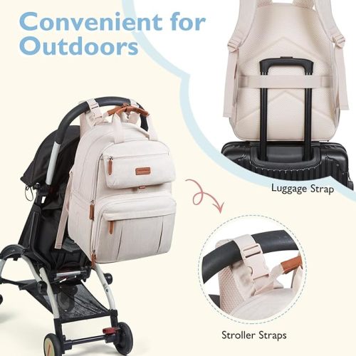mommore Diaper Bag Backpack, Large Diaper Bag Expandable for 2 Kids/Twins, Durable Baby Bag with Changing Pad, Water Resistant Travel Diaper Backpack for Mom Dad - Beige