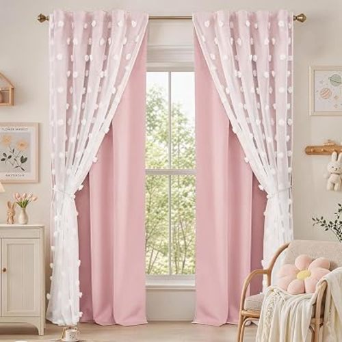Blush Pink Curtains for Girls Bedroom 2 Panels Double Layer Blackout Curtain with Fluffy Floral Pom Pom Sheer Drapery for Preppy Kids Toddler Room Decor, Room Darkening Window Drapes, 52x84