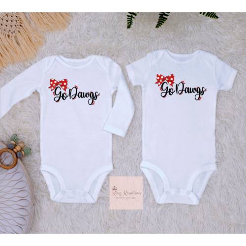Go Dogs Baby Onesie / Sports Baby Clothes/ Football Baby Clothes/ Bulldogs onesie with red bows