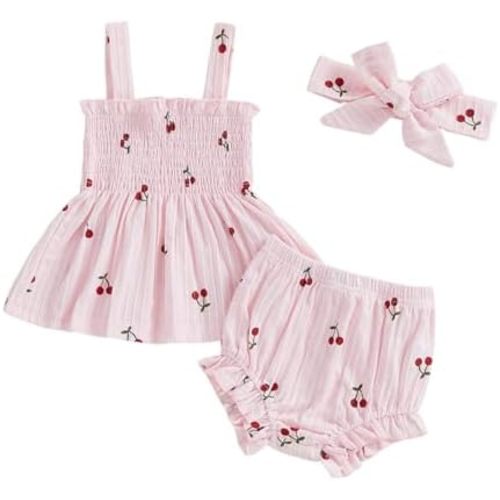 Thorn Tree Infant Girl Clothes Baby Outfits Sleeveless Strap Dress Tops Bloomer Shorts Bow Headband 3Pcs Summer