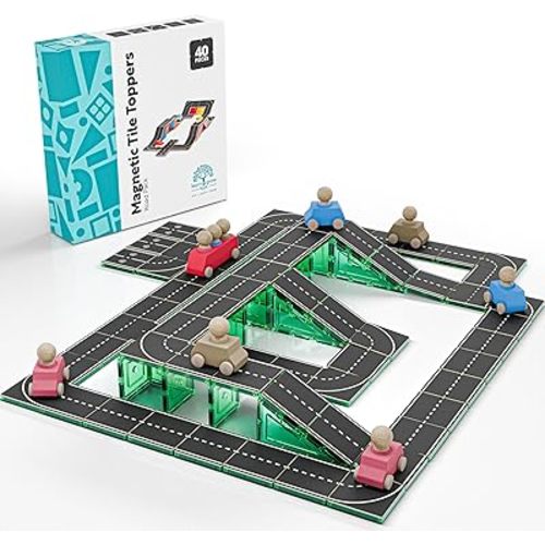 Learn & Grow Magnetic Tiles Road Expansion Pack - 40PCs Road Toppers Set