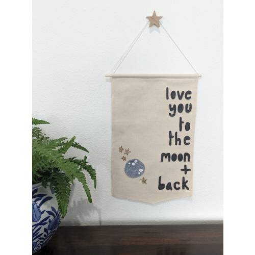 Love you to the moon and back canvas wall hanging, playroom wall decor, positive affirmation banner, homeschool classroom decor