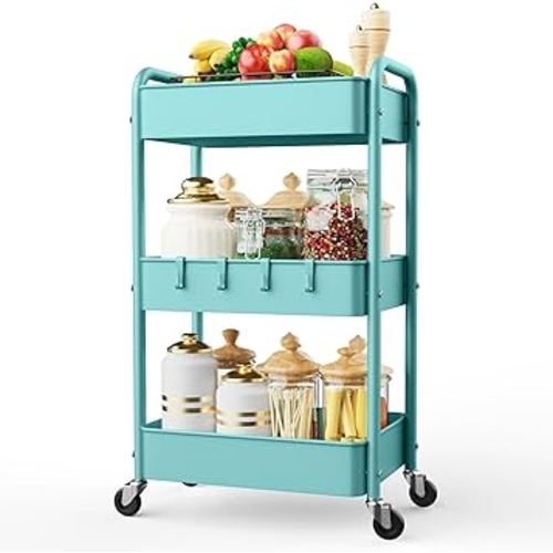 LEHOM 3 Tier Rolling Storage Cart, Metal Trolley Utility Cart with Wheels & Hooks, Easy Assembly Organizer Storage Cart for Bathroom Kitchen Office Bedroom (Blue)