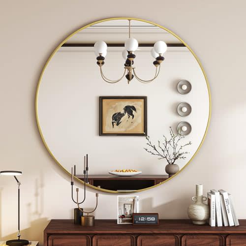 VETROVUE Gold Round Mirror, 24 Inch Bathroom Mirror with Metal Frame, Wall Wall-Mounted for Entryway, Bathroom, Vanity, Living Room