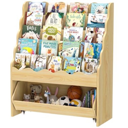 VicTsing 5-Tier Wooden Book Shelf, Large Size Kids Bookshelf and Toy Organizer, Toy Storage Drawer with Wheels for All Ages Boy and Girl, Toddler Scalloped Book Shelf for Kids Room Playroom Nursery