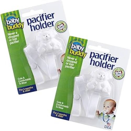 Baby Buddy Pacifier Clip Holder, Newborn Essential with Universal Fit for all Binky and Teether Brands, Ages 4+ Months, White, 2 Pack