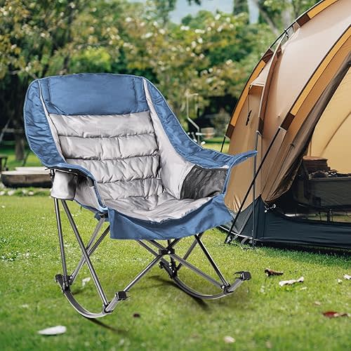 Oversized Rocking Camping Chair for Adults - Heavy-Duty 400lbs Capacity Portable Folding Camp Chair with Side Pocket, Fully Padded Outdoor Rocking Chair for Camping (Light Blue & Gray)