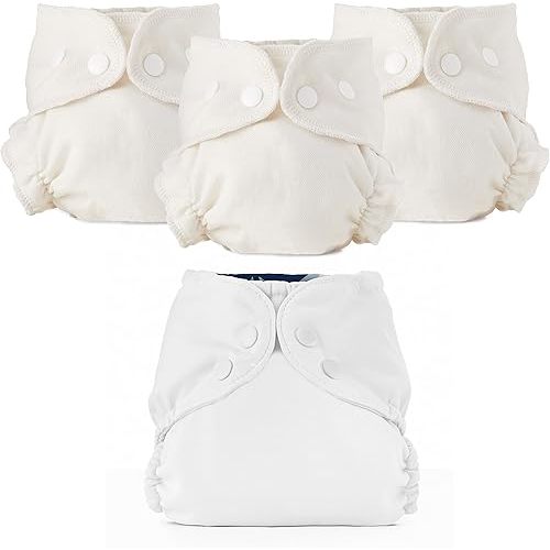 Esembly Cloth Diaper Bundle Set, 3 Organic Absorbent Inners and 1 Waterproof Diaper Cover, Blowout-proof Reusable Washable Diapers with Snap Closure, Size 2 (18-35lbs), Sea Salt