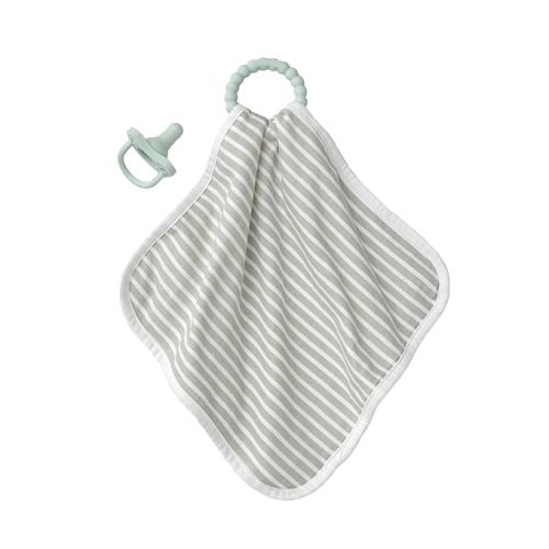 Dr. Brown's Lovey Blanket with Beaded Teether Ring and HappyPaci 100% Silicone One-Piece Pacifier, Soothing Security Blanket Set for Baby, Gray Stripes, 0m+