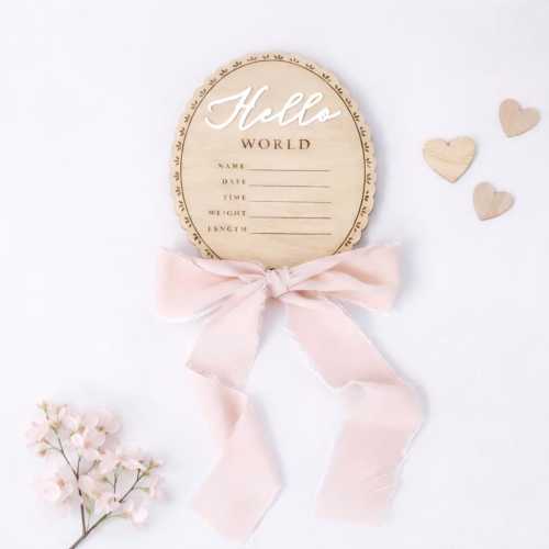 Wooden Baby Name Announcement Plaque | Hello World Sign | Newborn Photoshoot Prop | Wooden Birth Reveal Sign | Baby Keepsake | Ribbon Option