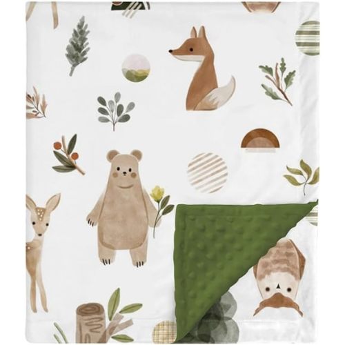 HawSkgFub Boho Woodland Animal Mink Baby Blanket with Dotted Backing Boy Girl Gift, Green Bear Deer Fox Double Layer Nursery Bed Blankets, Soft Plush Newborn Infant Toddler Kids Crib Bedding 30 x 40