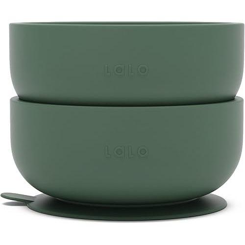 Lalo Suction Bowls - 2 Pack, 100% Silicone Non-Toxic BPA-Free Baby Bowls with Suction Base To Prevent Accidental Tip-Overs - Silicone Bowls For Babies And Toddlers - Olive
