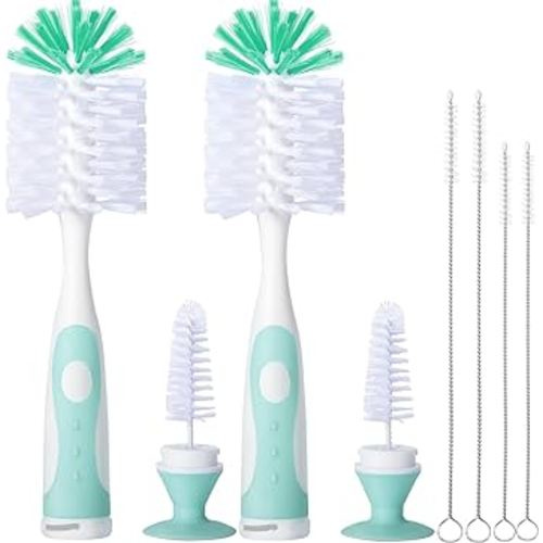 2 Pack Baby Bottle Brush with 4 Pack Straw Brushes, 10.2" Nylon Brushe with Nipple Cleaner and Stand Suction Cup, Green