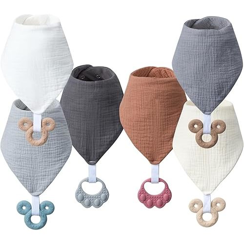 Baby Teething Bibs 6-Pack with Attachable Teether - 100% Organic Cotton, Super Absorbent & Soft Drool Bibs