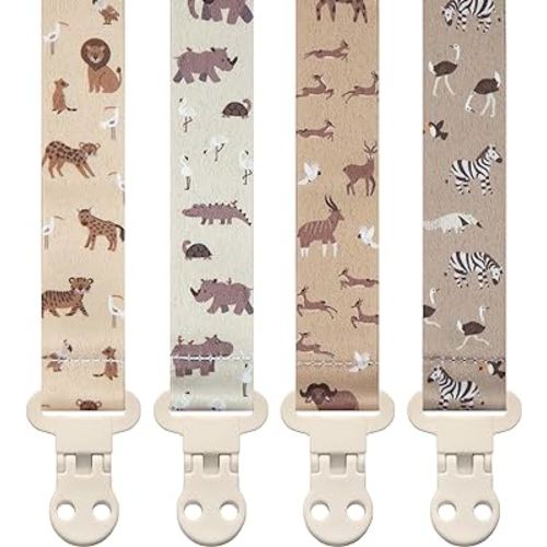 Baby Pacifier Clip Holder - Girl or Boy Unisex 4 Pack Gift Set – Boho Modern Neutral Animals Elephant Giraffe Zebra (Safari)
