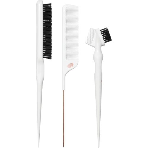 T3 Detail Set with Pintail Comb, Edge Brush, and Teasing Brush, Three-Piece Hair Brush and Comb Set with Premium Vegan Boar Bristles and Flexible Teeth for Smoothing, Detailing, and Styling Edges