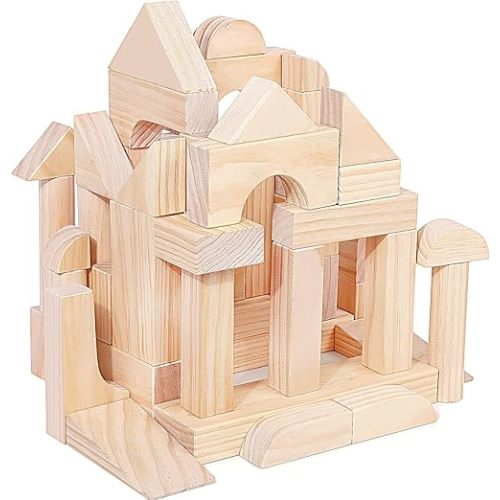 Large Wooden Building Blocks Set - Educational Preschool Learning Toys with Wooden Storage Box, Toddler Blocks Building and Stacking Toys for 3+ Year Old Boy and Girl Gifts