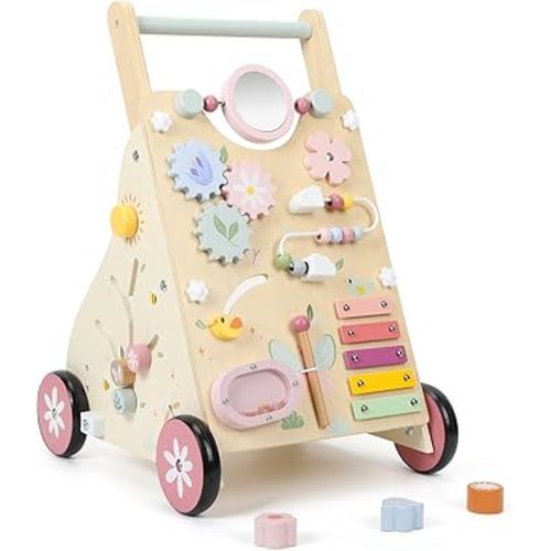 Wooden Baby Walker, Baby Push Walker, Push Walker Toys for Babies Learning to Walk & Sit-to-Stand, with Montessori Sensory Toy & Activity Center for Girls Boys
