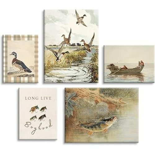 Lhoiplme Vintage Nursery Wall Art Decor Baby Boy Room Canvas Prints Fishing Hunting Nursery Wall Decor Mallard Duck Pictures Rustic Farmhouse Poster Artwork for Bedroom 8x10x5 Inch Wrapped Canvas