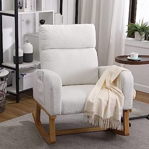 Rocking Chair Nursery, Sherpa Nursing Rocking Armchair for Mom Nursery Rocker Morden Rocking Chair with High Backrest for Living Room,Bedroom,Teddy Beige