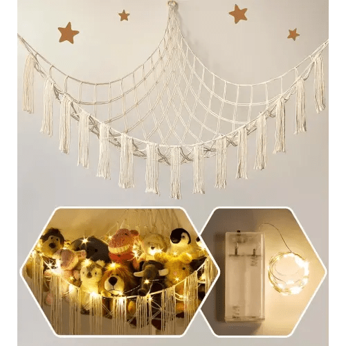 Stuffed Animal Storage Hammock Corner X-Large with LED Light - Baby Hammock Hanging Holder Plushies Net for Stuff Animals Organizer - Cute Room Decor Aesthetic Kids Toddler Nursery Bedroom Boho