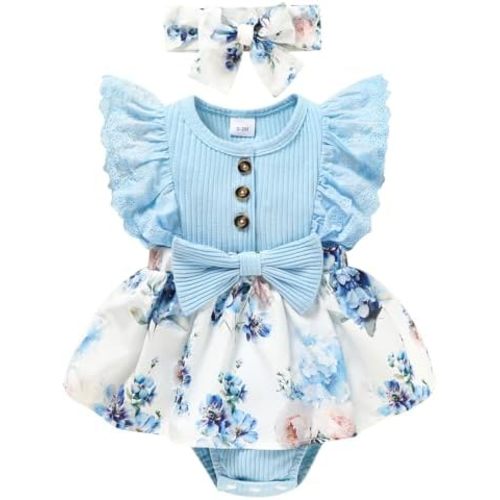 Sinhoon Baby Girl Clothes Newborn Ruffled Sleeveless Romper Floral Dreesy Bodysuit Heaedband 3pcs Baby Girl Summer Clothes