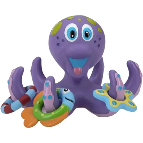 Nuby Floating Octopus Toy with 3 Hoopla Rings - BPA Free Baby Bath Toy for Boys and Girls - 18+ Months - Purple (Pack of 1)