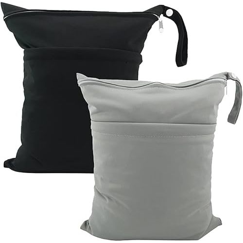 2 Pcs Wet Dry Bags for Baby Cloth Diapers Mommy Bags Waterproof Reusable with Two Zippered Pockets Yoga Gym Bag for Swimsuits or Wet Clothes
