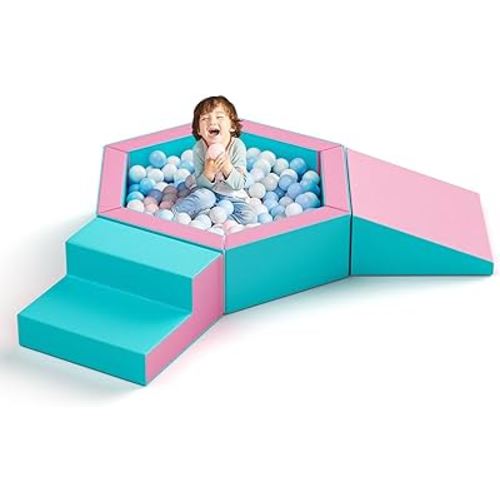 Lischwert Foam Climbing Blocks with Ball Pit, Soft Play Climbing for Toddlers, Kids Crawl and Climb Foam Playset with Stair and Slide, Indoor Climber Activity Play Set for Kids(Pink Blue)