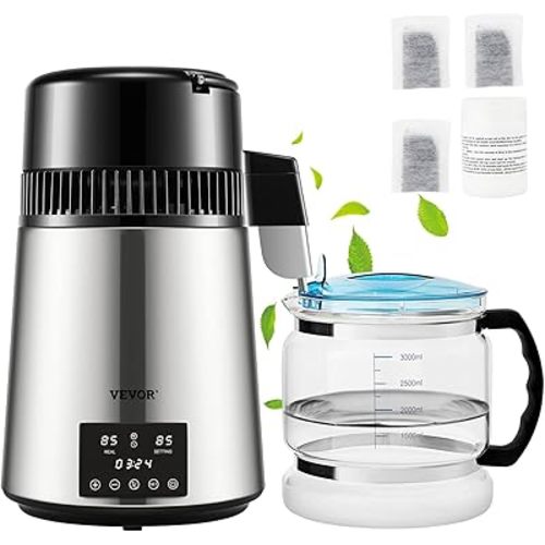 VEVOR Water Distiller, 304 Stainless Steel Countertop Water Stiller, 0.3Gal/H, 0-99H Timing Dual Temp Display, 1.1Gal Distilled Water Maker Machine, Glass Carafe, 3 Carbon Bags, Citric Acid Powder